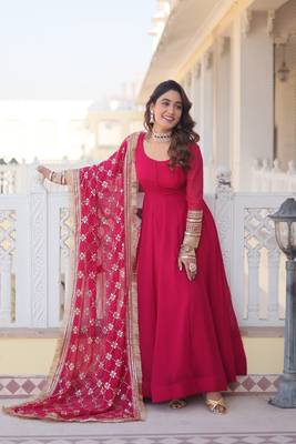 women's pink faux blooming with rich multi sequins embroidered work party wear gown & dupatta set 2