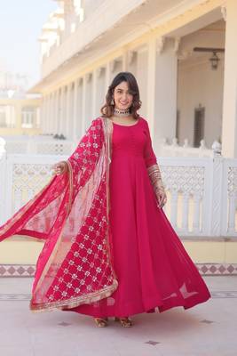 women's pink faux blooming with rich multi sequins embroidered work party wear gown & dupatta set 4