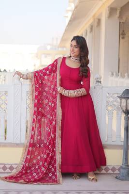 women's pink faux blooming with rich multi sequins embroidered work party wear gown & dupatta set 5