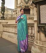 Teal Silk Blend Zari Weaving Designer Saree With Blouse for Women