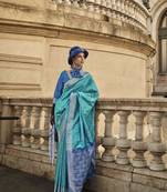 Teal Silk Blend Zari Weaving Designer Saree With Blouse for Women
