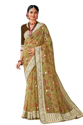Mustard digital print resham embroidery organza saree 1