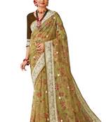 Mustard digital print resham embroidery organza saree