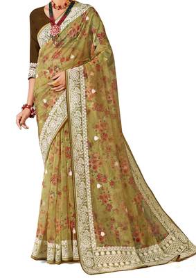 Mustard digital print resham embroidery organza saree 2