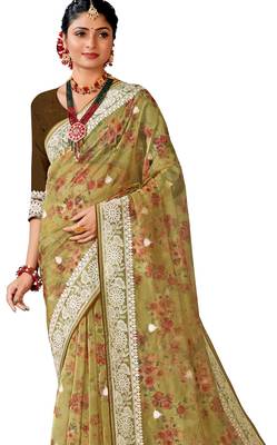 Mustard digital print resham embroidery organza saree 3