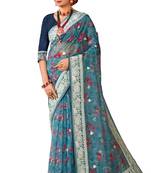 Blue digital print resham embroidery organza saree