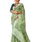 Green digital print resham embroidery organza saree