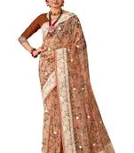 Peach digital print resham embroidery organza saree