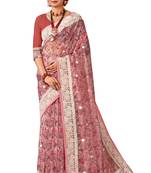 Pink digital print resham embroidery organza saree