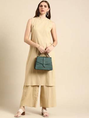 Modestouze Attires Women's  Cotton Blend Knee Length Kurta And Pant Set (Cream) (MAK75) 1