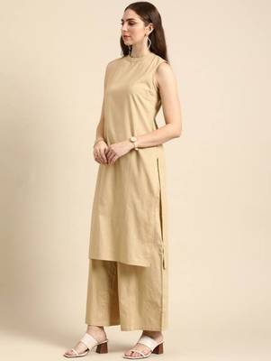 Modestouze Attires Women's  Cotton Blend Knee Length Kurta And Pant Set (Cream) (MAK75) 3