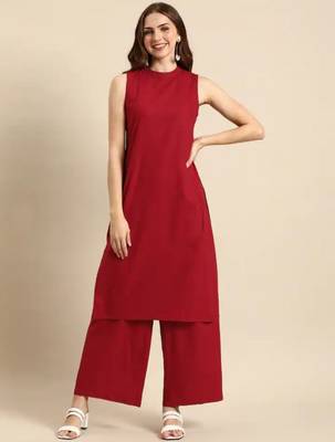 Modestouze Attires Women's Cotton Blend Knee Length Kurti And Pant Set (Red) (MAK75) 1