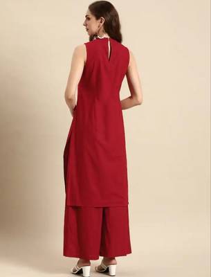 Modestouze Attires Women's Cotton Blend Knee Length Kurti And Pant Set (Red) (MAK75) 2