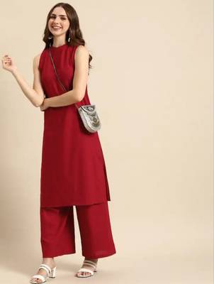 Modestouze Attires Women's Cotton Blend Knee Length Kurti And Pant Set (Red) (MAK75) 3