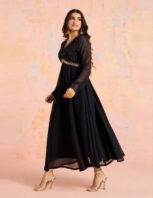 Women's Ankle Length Georgette Anarkali With Net Dupatta (Black) (MAK74) 4
