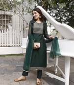 Women's Embroidered Chanderi Cotton Kurta Set With Net Dupatta (Green) (MAK73)