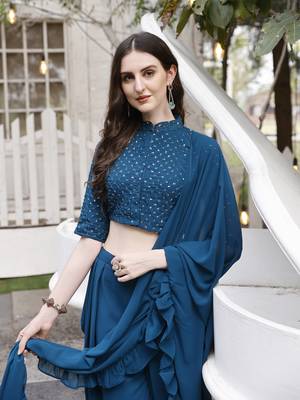 Women's Embroidered Sequin Work Top And Patiala Set With Dupatta (Teal) (MAK72) 4