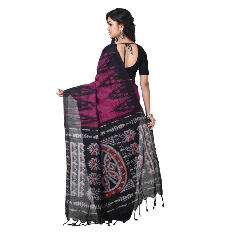 Party Wear Pink colour Handloom Soft Cotton Sambalpuri Printed Temple border saree with attach running blouse piece 