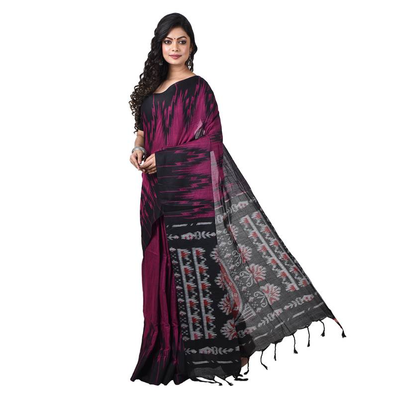 Party Wear Pink colour Handloom Soft Cotton Sambalpuri Printed Temple border saree with attach running blouse piece 