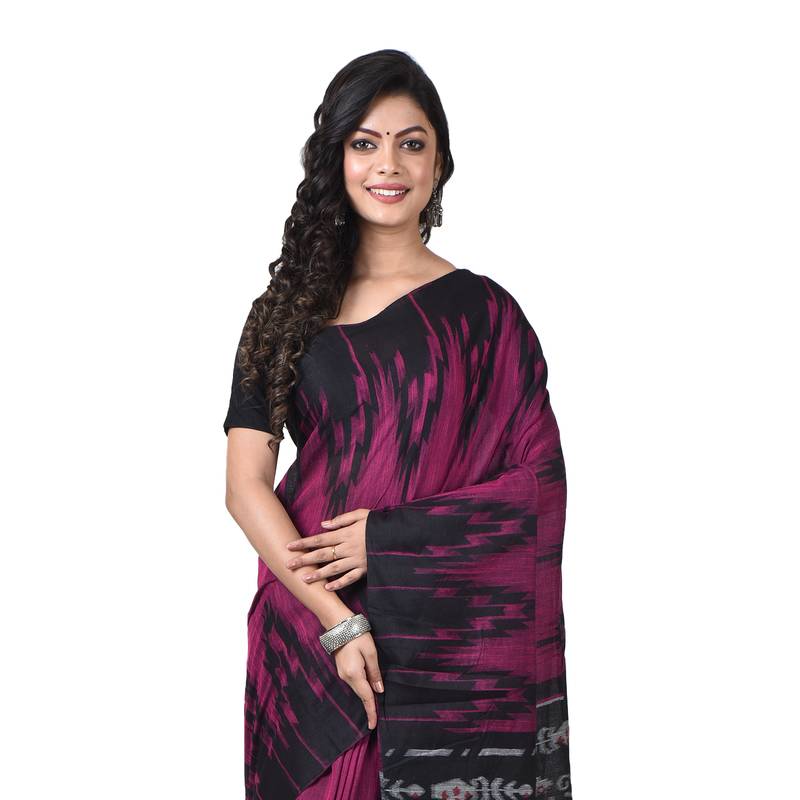 Party Wear Pink colour Handloom Soft Cotton Sambalpuri Printed Temple border saree with attach running blouse piece 