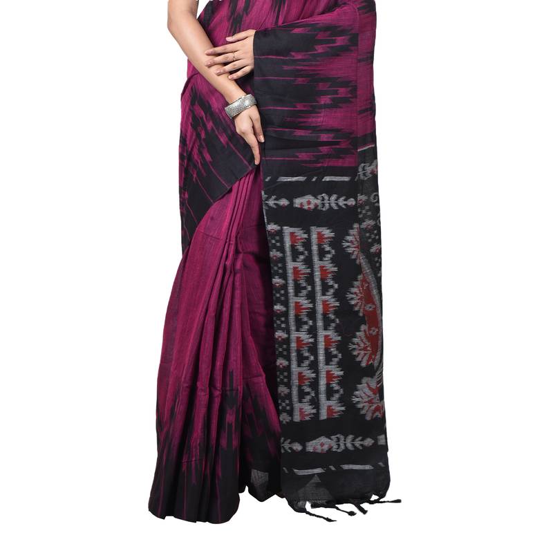 Party Wear Pink colour Handloom Soft Cotton Sambalpuri Printed Temple border saree with attach running blouse piece 
