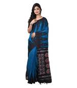 Party Wear Aqua-blue Handloom Soft Cotton Sambalpuri Printed Temple border saree with attach running blouse piece 