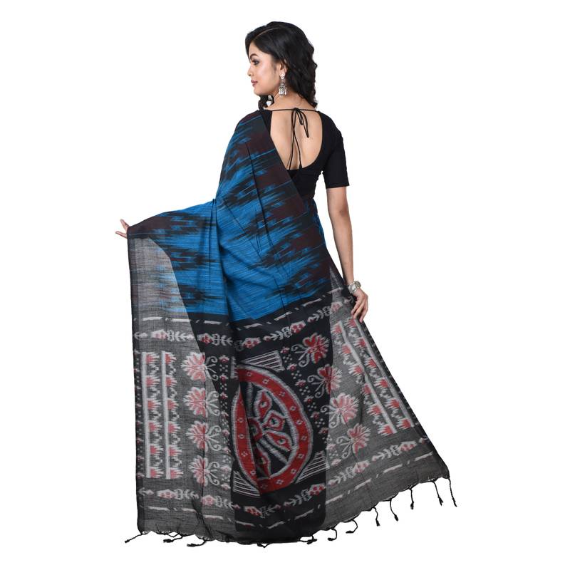 Party Wear Aqua-blue Handloom Soft Cotton Sambalpuri Printed Temple border saree with attach running blouse piece 