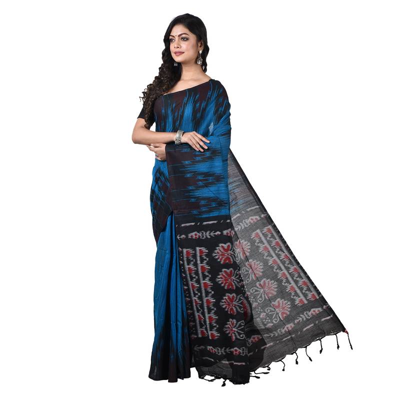 Party Wear Aqua-blue Handloom Soft Cotton Sambalpuri Printed Temple border saree with attach running blouse piece 