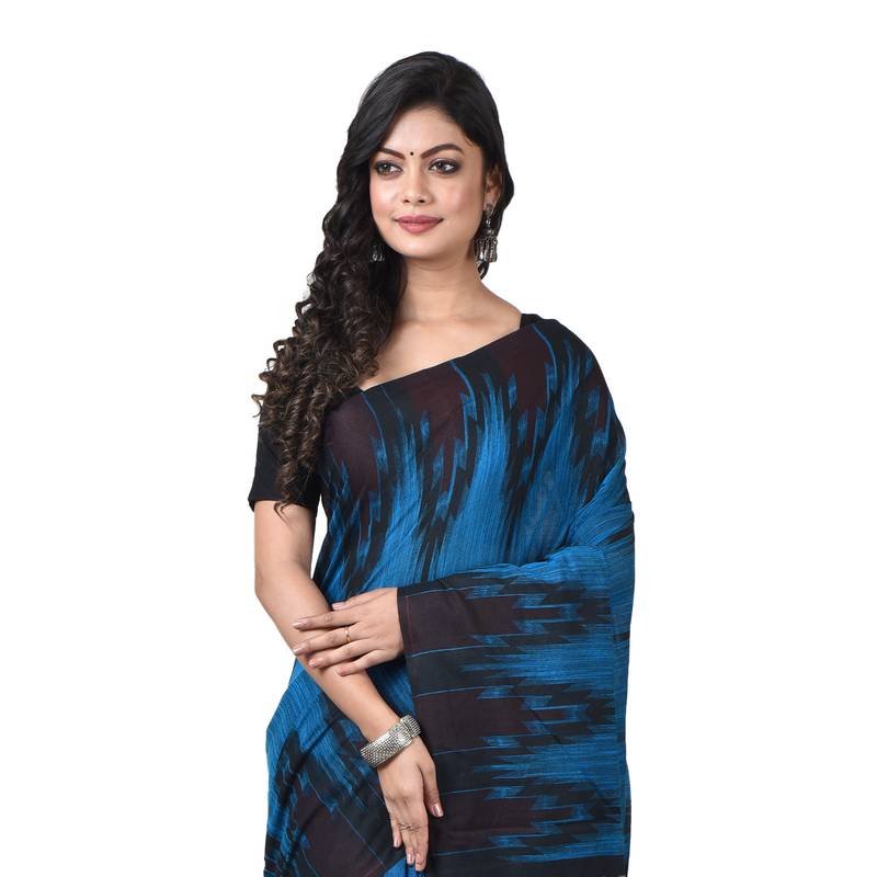 Party Wear Aqua-blue Handloom Soft Cotton Sambalpuri Printed Temple border saree with attach running blouse piece 
