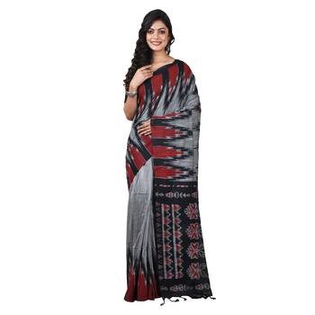 Party Wear Grey Handloom Soft Cotton Sambalpuri Printed Temple Border Saree With Attach Running Blouse Piece 1