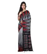 Party Wear Grey Handloom Soft Cotton Sambalpuri Printed Temple Border Saree With Attach Running Blouse Piece