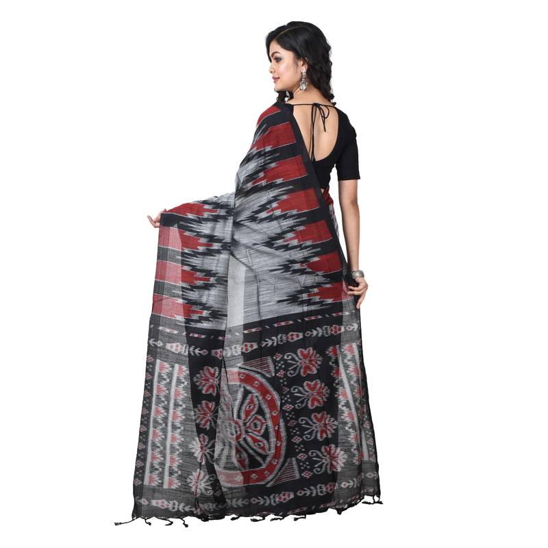 Party Wear Grey Handloom Soft Cotton Sambalpuri Printed Temple Border Saree With Attach Running Blouse Piece