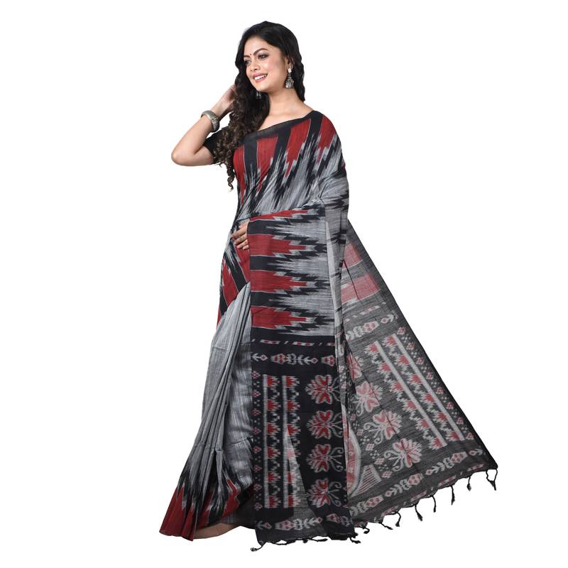 Party Wear Grey Handloom Soft Cotton Sambalpuri Printed Temple Border Saree With Attach Running Blouse Piece