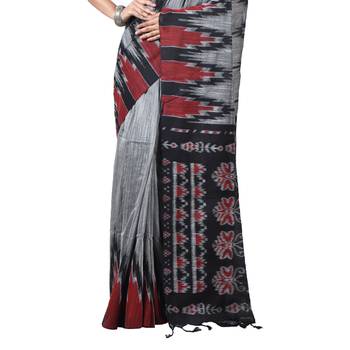 Party Wear Grey Handloom Soft Cotton Sambalpuri Printed Temple Border Saree With Attach Running Blouse Piece 4