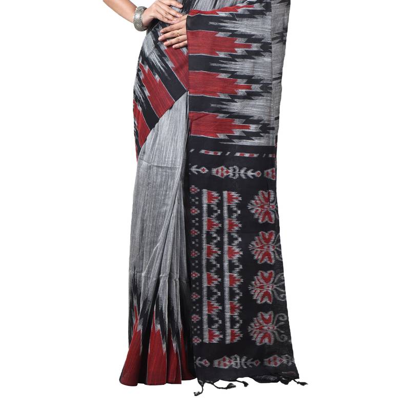 Party Wear Grey Handloom Soft Cotton Sambalpuri Printed Temple Border Saree With Attach Running Blouse Piece