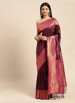 Wine Woven Faux Banarasi Silk Saree With Blouse Piece 1
