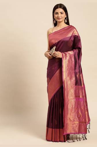 Wine Woven Faux Banarasi Silk Saree With Blouse Piece