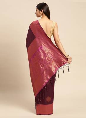 Wine Woven Faux Banarasi Silk Saree With Blouse Piece 2