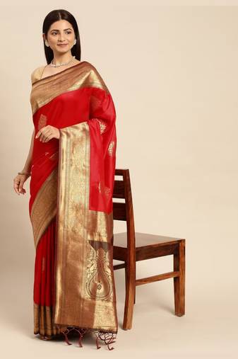 Red Woven Faux Banarasi Silk Saree With Blouse Piece