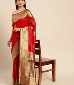 Red Woven Faux Banarasi Silk Saree With Blouse Piece