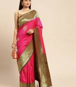 Pink Woven Faux Banarasi Silk Saree With Blouse Piece