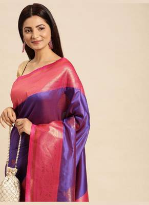 Purple Woven Faux Banarasi Silk Saree With Blouse Piece 3