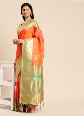 Orange Woven Faux Banarasi Silk Saree With Blouse Piece 1