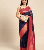 Navy Blue Woven Faux Banarasi Silk Saree With Blouse Piece