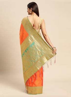 Orange Woven Faux Banarasi Silk Saree With Blouse Piece 2