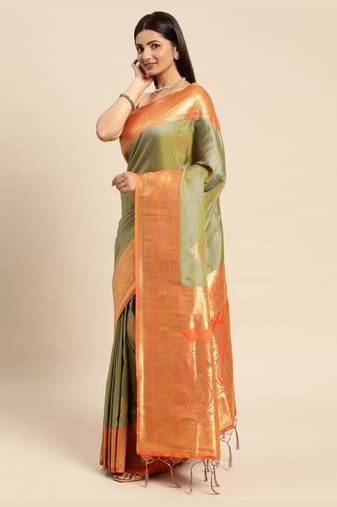 Mehendi Woven Faux Banarasi Silk Saree With Blouse Piece