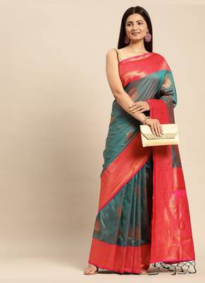 Turquoise Woven Faux Banarasi Silk Saree With Blouse Piece 1