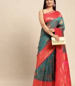 Turquoise Woven Faux Banarasi Silk Saree With Blouse Piece