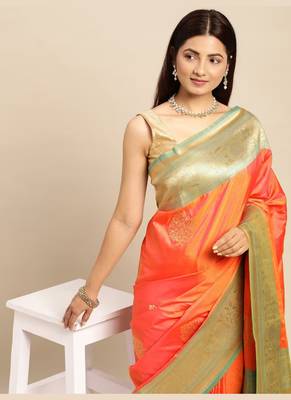 Orange Woven Faux Banarasi Silk Saree With Blouse Piece 3