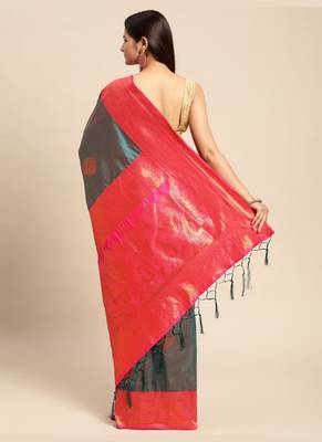 Turquoise Woven Faux Banarasi Silk Saree With Blouse Piece 2